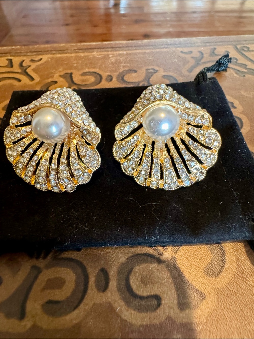 Gold Pearl & Crystal Shell Earrings
